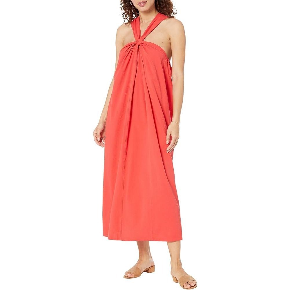 Faherty Bay Twist Seersucker Halter Dress Coral Knotted Sleeveless Textured Sz M